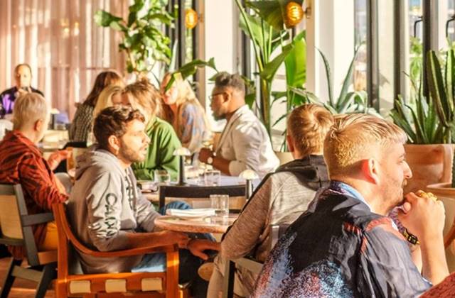 Casual dining scene in a modern London bar with patrons chatting, lush plants, and warm light creating a welcoming vibe.
